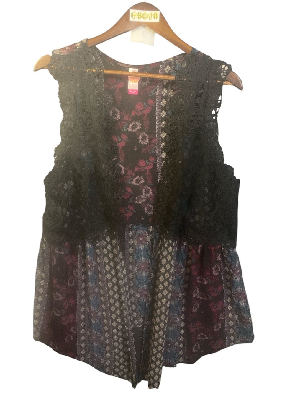 NOBO Crochet Trim Boho Sleeveless Top in Black with Maroon & Blue Print | XXL